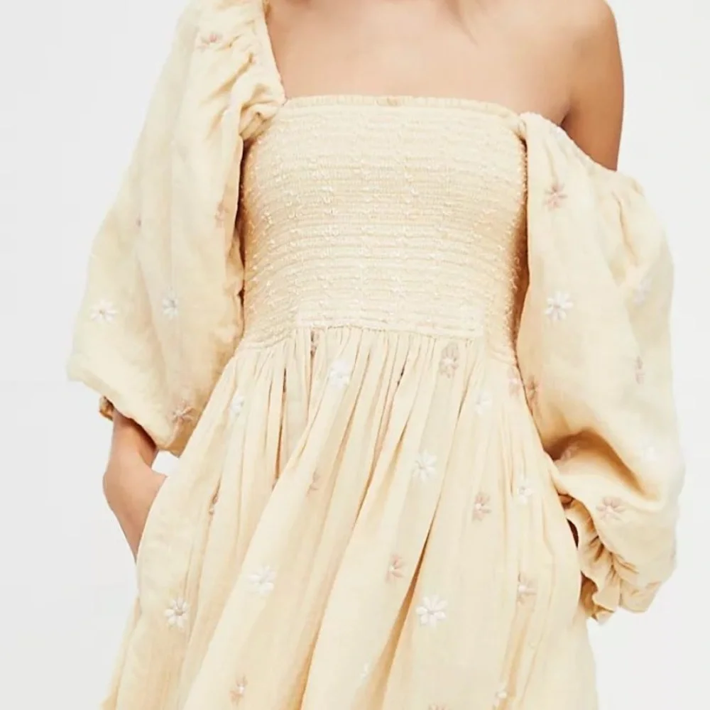 Free People Pale Yellow Floral Embroidered Maxi Dress
